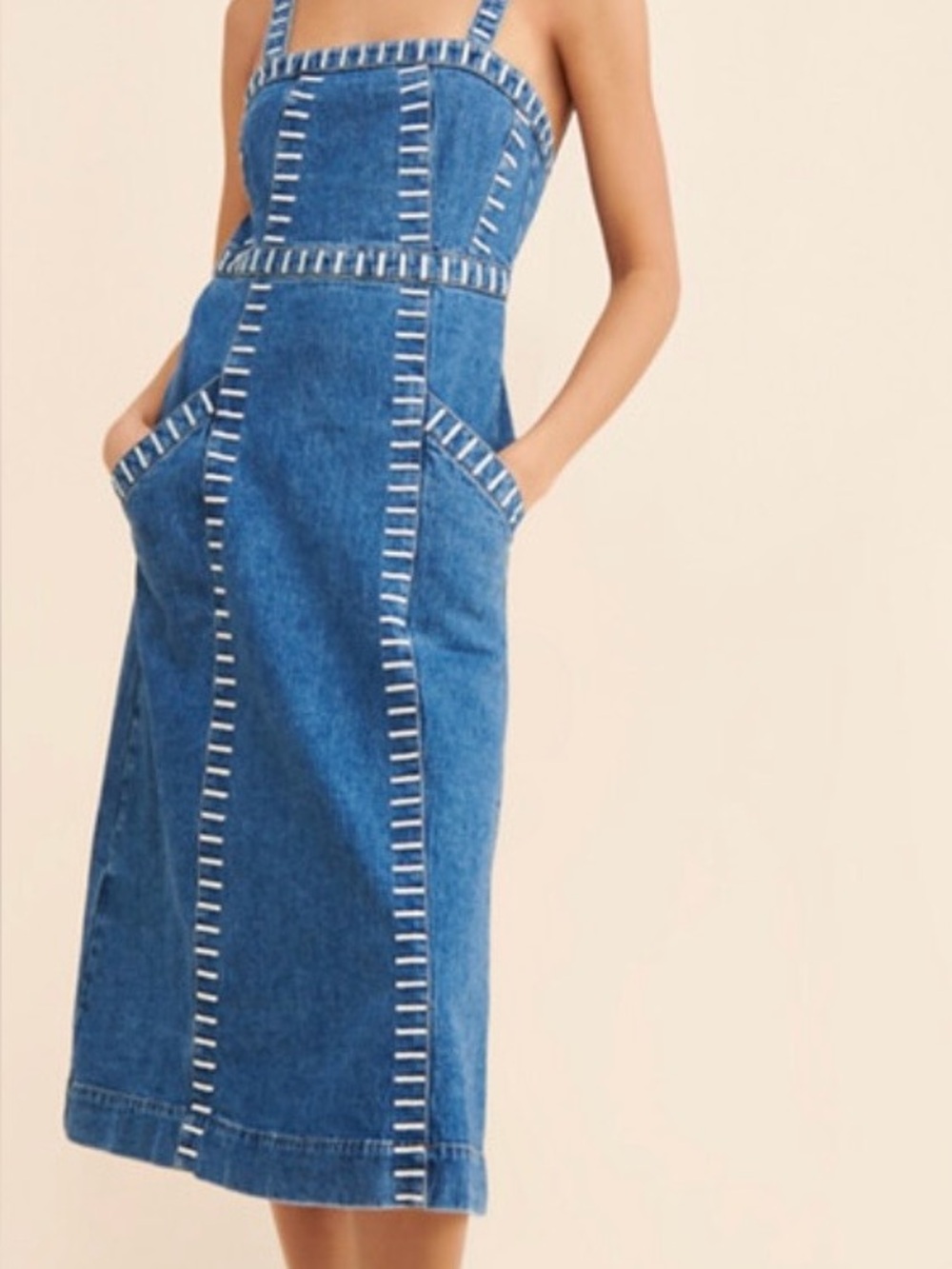 Seventy + Mochi Blue Denim Midi Dress with Contrast Stitching